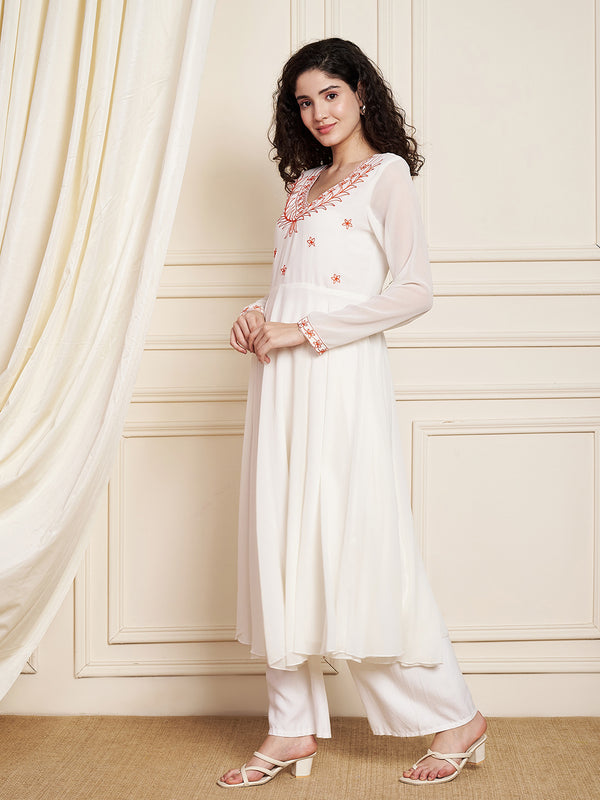 Poshak Hub Women Off-White Ethnic Motifs Aari Work Georgette Anarkali Kurta