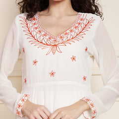 Poshak Hub Women Off-White Ethnic Motifs Aari Work Georgette Anarkali Kurta