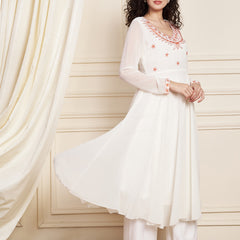 Poshak Hub Women Off-White Ethnic Motifs Aari Work Georgette Anarkali Kurta
