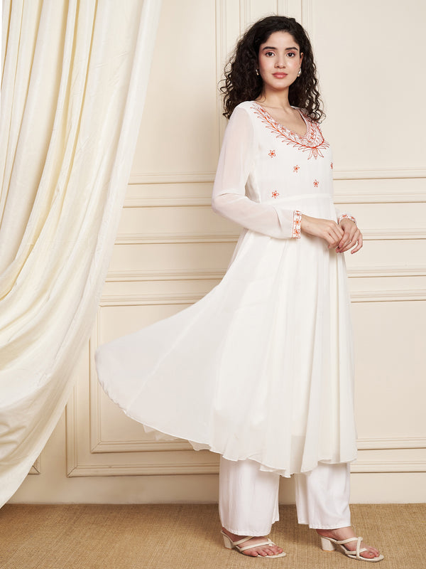 Poshak Hub Women Off-White Ethnic Motifs Aari Work Georgette Anarkali Kurta