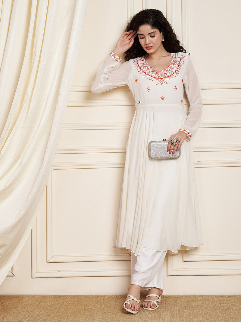 Poshak Hub Women Off-White Ethnic Motifs Aari Work Georgette Anarkali Kurta