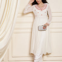 Poshak Hub Women Off-White Ethnic Motifs Aari Work Georgette Anarkali Kurta