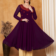 Poshak Hub Women -Purple Ethnic Motifs Aari Work Georgette Anarkali Kurta