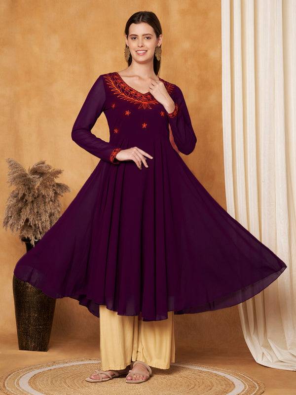 Poshak Hub Women -Purple Ethnic Motifs Aari Work Georgette Anarkali Kurta