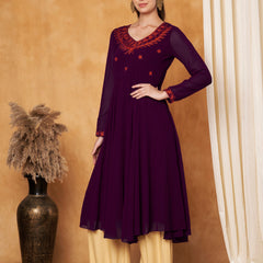 Poshak Hub Women -Purple Ethnic Motifs Aari Work Georgette Anarkali Kurta