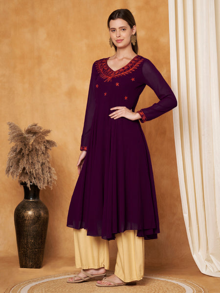 Poshak Hub Women -Purple Ethnic Motifs Aari Work Georgette Anarkali Kurta
