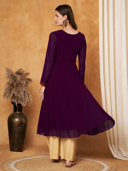 Poshak Hub Women -Purple Ethnic Motifs Aari Work Georgette Anarkali Kurta