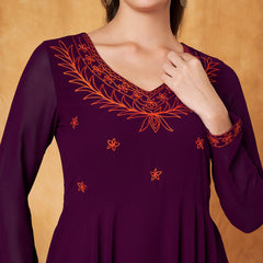 Poshak Hub Women -Purple Ethnic Motifs Aari Work Georgette Anarkali Kurta