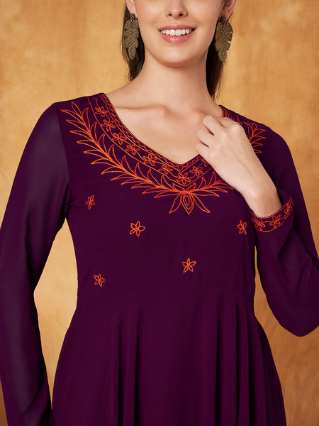 Poshak Hub Women -Purple Ethnic Motifs Aari Work Georgette Anarkali Kurta