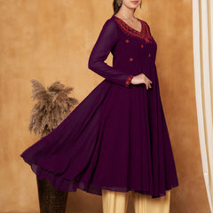 Poshak Hub Women -Purple Ethnic Motifs Aari Work Georgette Anarkali Kurta