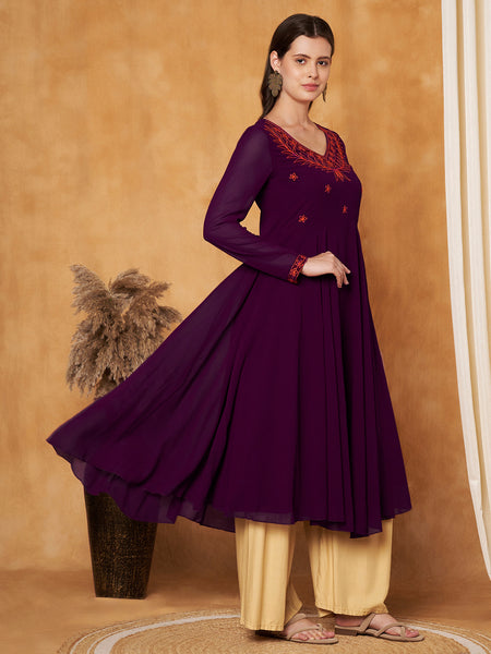 Poshak Hub Women -Purple Ethnic Motifs Aari Work Georgette Anarkali Kurta