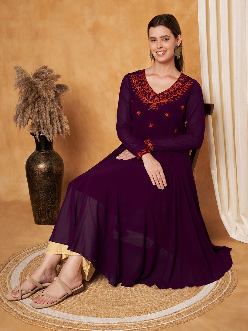 Poshak Hub Women -Purple Ethnic Motifs Aari Work Georgette Anarkali Kurta