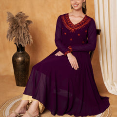 Poshak Hub Women -Purple Ethnic Motifs Aari Work Georgette Anarkali Kurta