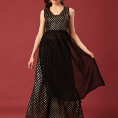 Poshak Hub Women Black Georgette Foil Print Sleeveless A-Line Kurta with palazzo