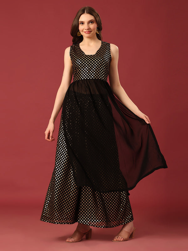 Poshak Hub Women Black Georgette Foil Print Sleeveless A-Line Kurta with palazzo