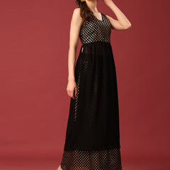 Poshak Hub Women Black Georgette Foil Print Sleeveless A-Line Kurta with palazzo