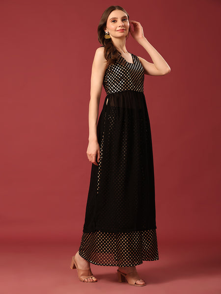 Poshak Hub Women Black Georgette Foil Print Sleeveless A-Line Kurta with palazzo