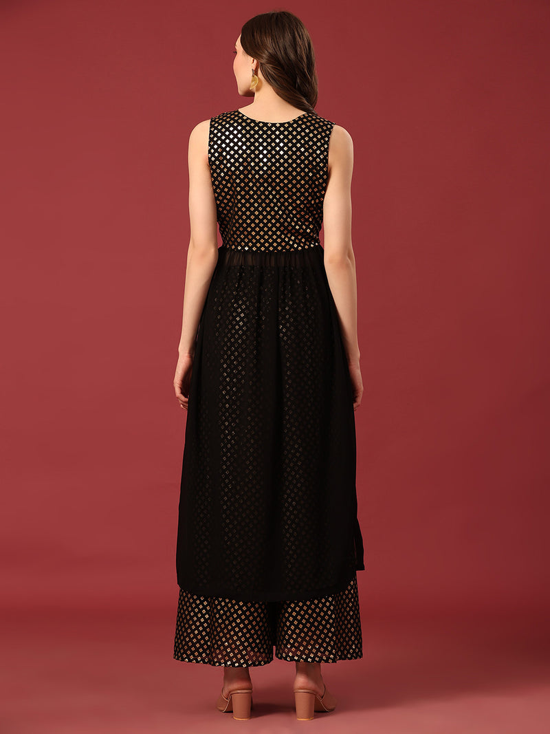 Poshak Hub Women Black Georgette Foil Print Sleeveless A-Line Kurta with palazzo