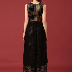Poshak Hub Women Black Georgette Foil Print Sleeveless A-Line Kurta with palazzo