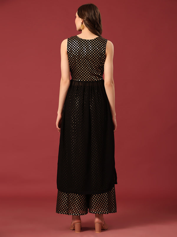 Poshak Hub Women Black Georgette Foil Print Sleeveless A-Line Kurta with palazzo