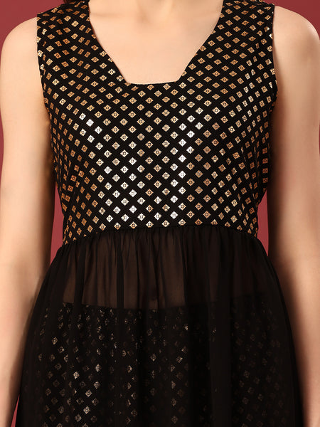 Poshak Hub Women Black Georgette Foil Print Sleeveless A-Line Kurta with palazzo