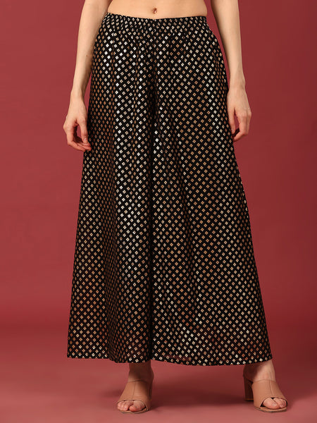 Poshak Hub Women Black Georgette Foil Print Sleeveless A-Line Kurta with palazzo