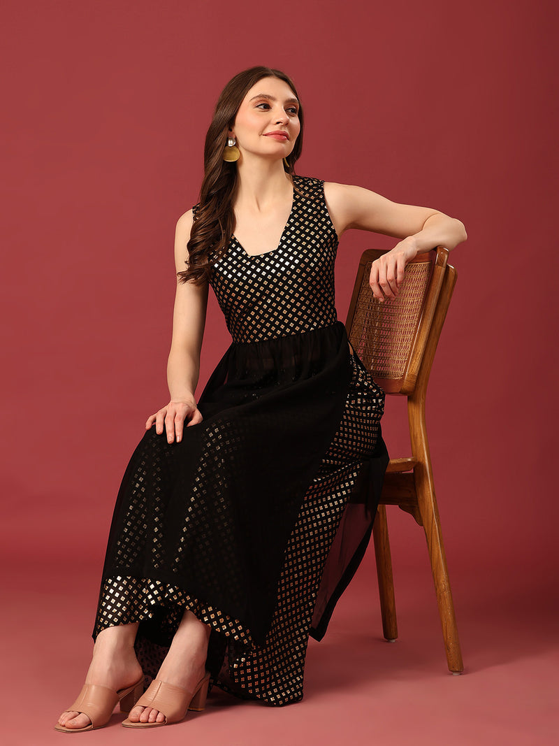 Poshak Hub Women Black Georgette Foil Print Sleeveless A-Line Kurta with palazzo