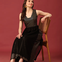Poshak Hub Women Black Georgette Foil Print Sleeveless A-Line Kurta with palazzo