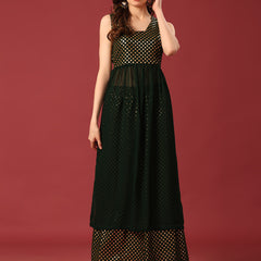 Poshak Hub Women Green Georgette Foil Print Sleeveless A-Line Kurta with palazzo