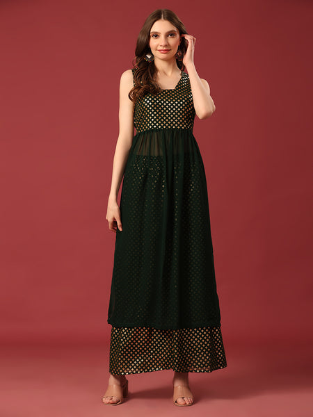 Poshak Hub Women Green Georgette Foil Print Sleeveless A-Line Kurta with palazzo
