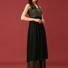 Poshak Hub Women Green Georgette Foil Print Sleeveless A-Line Kurta with palazzo