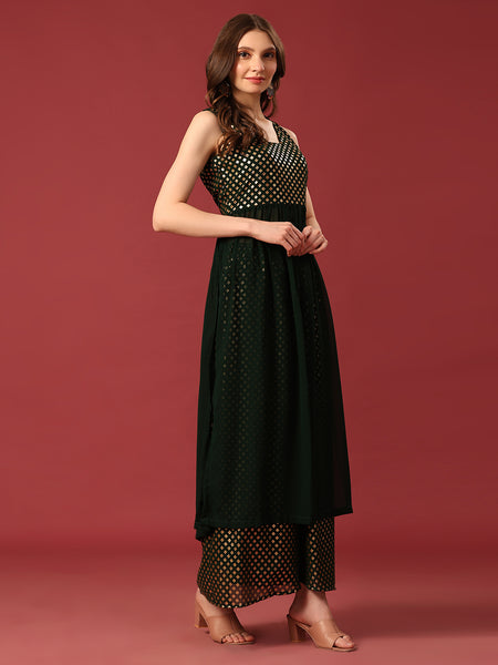 Poshak Hub Women Green Georgette Foil Print Sleeveless A-Line Kurta with palazzo