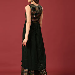 Poshak Hub Women Green Georgette Foil Print Sleeveless A-Line Kurta with palazzo