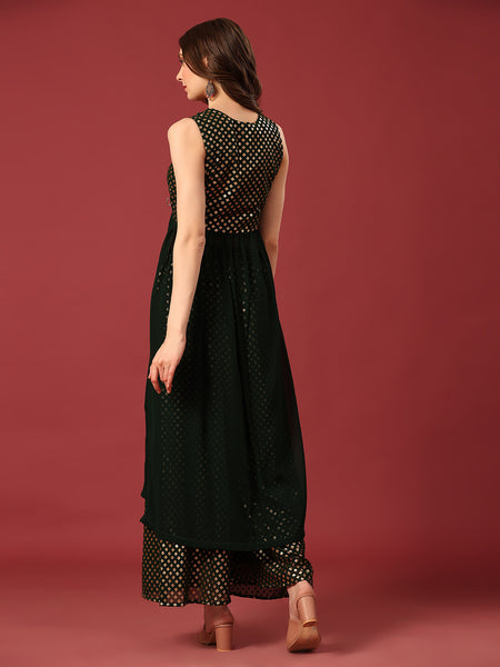 Poshak Hub Women Green Georgette Foil Print Sleeveless A-Line Kurta with palazzo