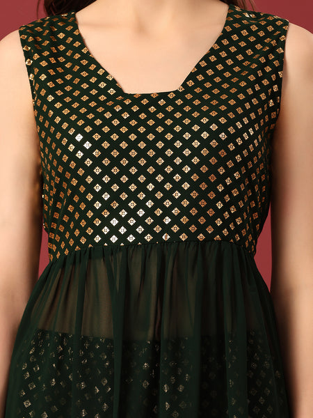 Poshak Hub Women Green Georgette Foil Print Sleeveless A-Line Kurta with palazzo