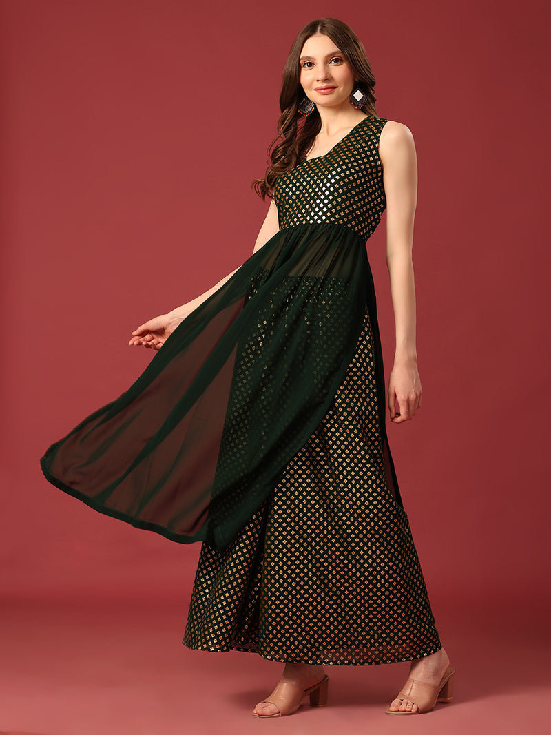 Poshak Hub Women Green Georgette Foil Print Sleeveless A-Line Kurta with palazzo