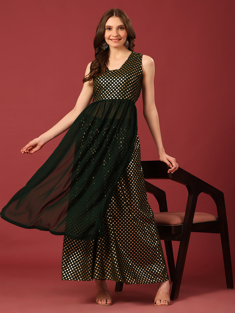 Poshak Hub Women Green Georgette Foil Print Sleeveless A-Line Kurta with palazzo