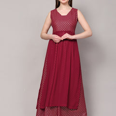 Poshak Hub Women Pink Georgette Foil Print Sleeveless A-Line Kurta with palazzo