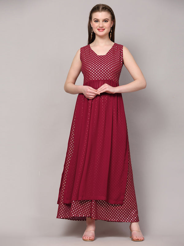 Poshak Hub Women Pink Georgette Foil Print Sleeveless A-Line Kurta with palazzo