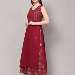 Poshak Hub Women Pink Georgette Foil Print Sleeveless A-Line Kurta with palazzo