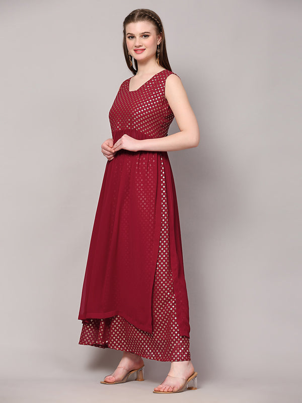 Poshak Hub Women Pink Georgette Foil Print Sleeveless A-Line Kurta with palazzo