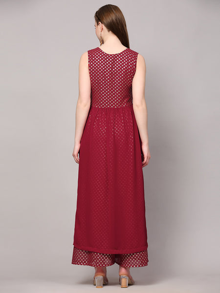 Poshak Hub Women Pink Georgette Foil Print Sleeveless A-Line Kurta with palazzo