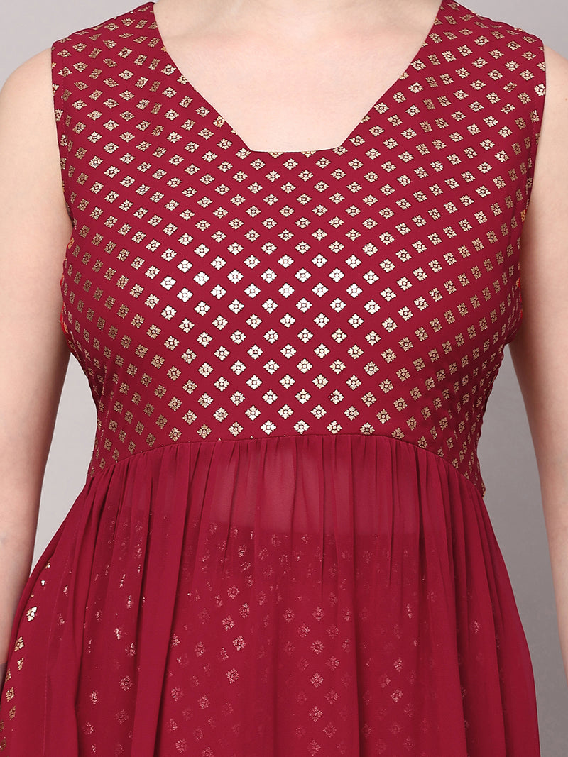 Poshak Hub Women Pink Georgette Foil Print Sleeveless A-Line Kurta with palazzo
