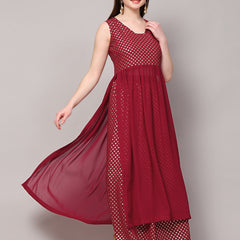 Poshak Hub Women Pink Georgette Foil Print Sleeveless A-Line Kurta with palazzo
