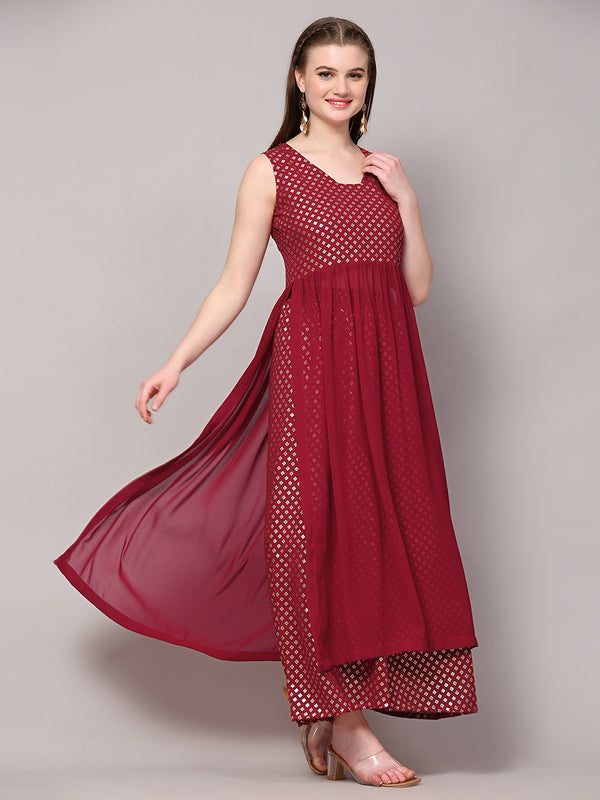 Poshak Hub Women Pink Georgette Foil Print Sleeveless A-Line Kurta with palazzo