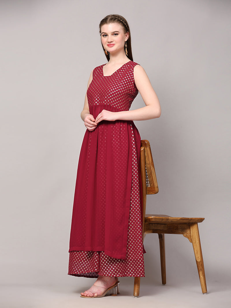 Poshak Hub Women Pink Georgette Foil Print Sleeveless A-Line Kurta with palazzo