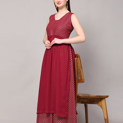 Poshak Hub Women Pink Georgette Foil Print Sleeveless A-Line Kurta with palazzo