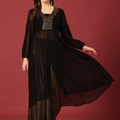 Poshak Hub Women Black Georgette Foil Print A-Line Kurta with palazzo