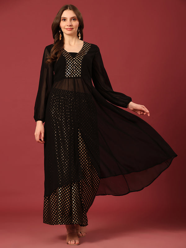 Poshak Hub Women Black Georgette Foil Print A-Line Kurta with palazzo