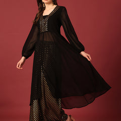 Poshak Hub Women Black Georgette Foil Print A-Line Kurta with palazzo